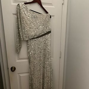 White and Silver Sequined Asymmetrical One Shoulder Dress